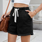 Summer Washed Curling Elastic Waistband Lace up Denim Shorts Women